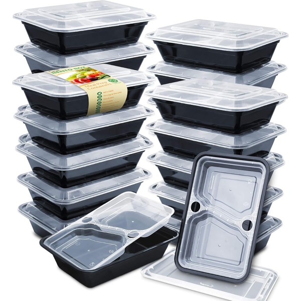 20-Pack 36oz Bento Meal Prep Containers 3 Compartments Removable Insert Tray