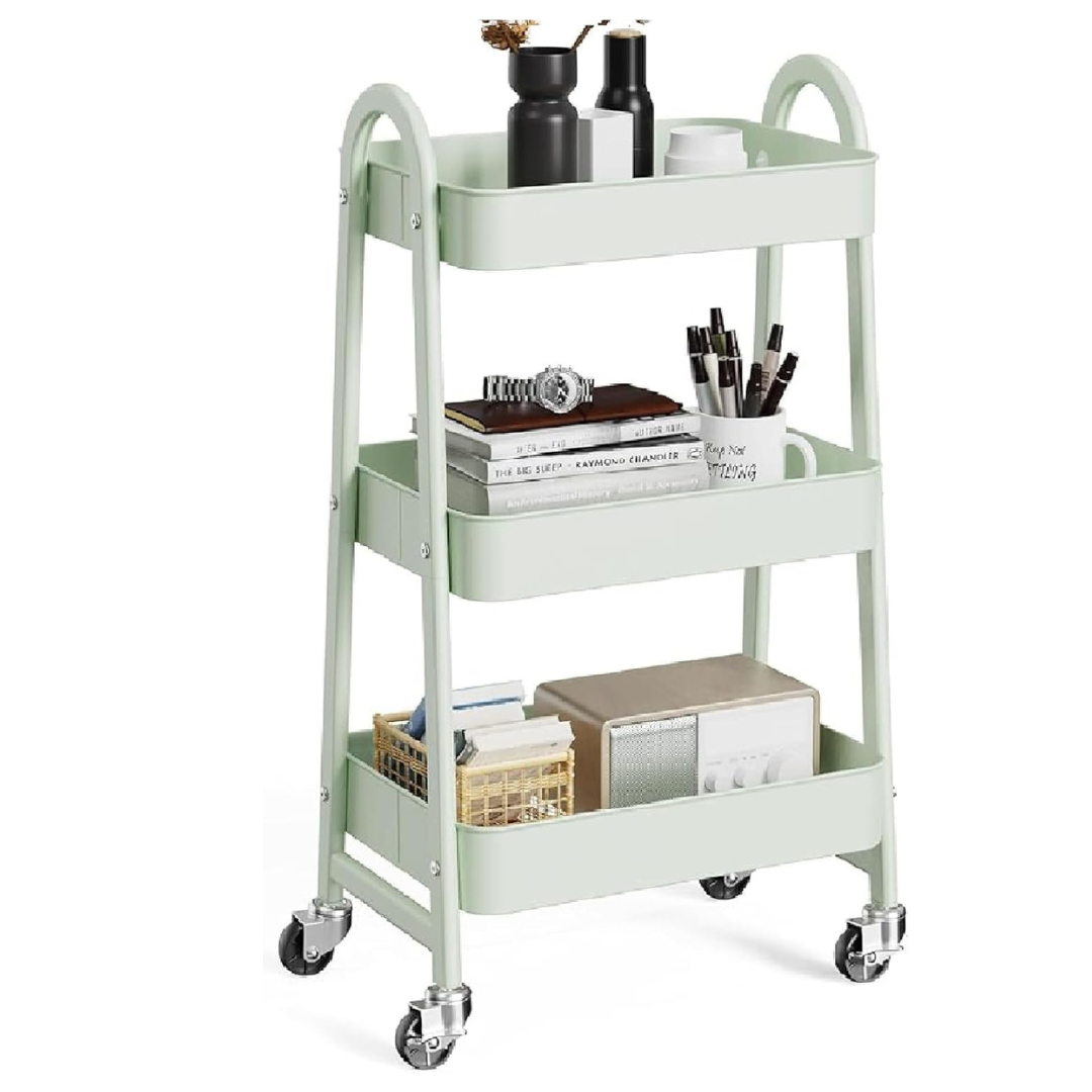 OLIXIS Metal 3-Tiers Utility Rolling Cart W/ Lockable Caster Wheels