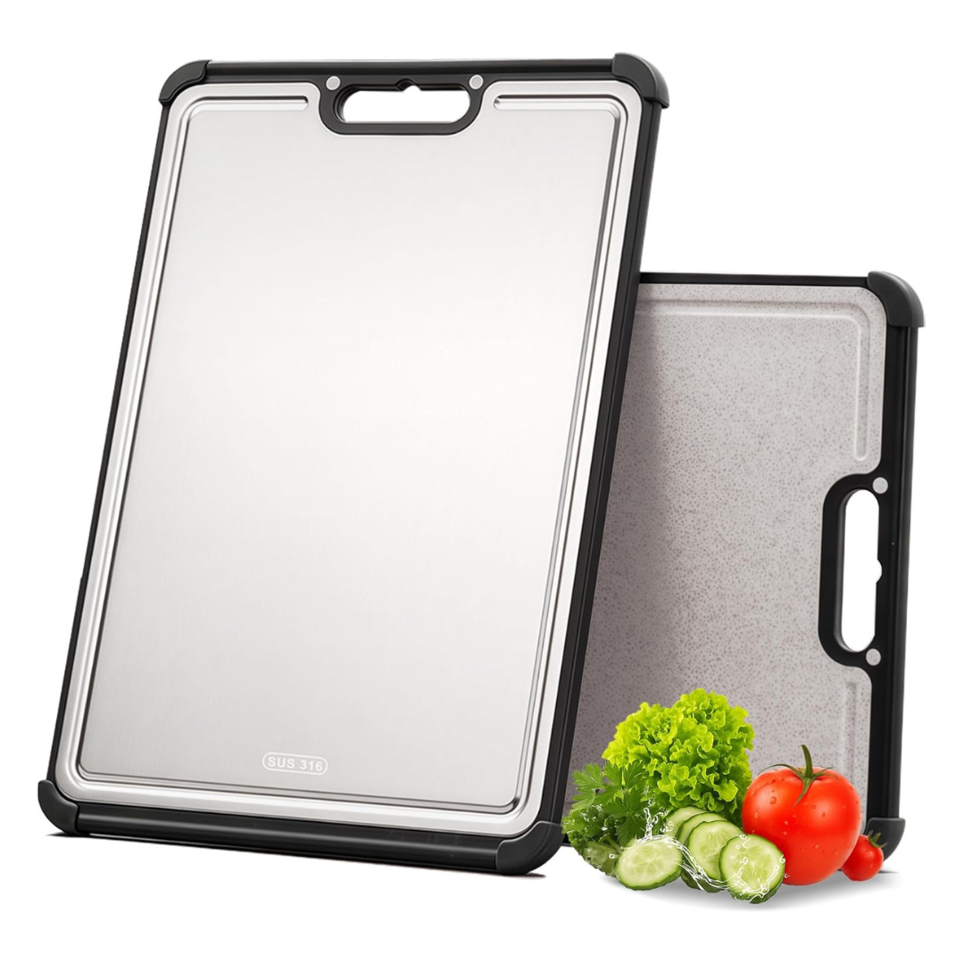 16.9" X 11.8" Dual-Sided Stainless Steel & Wheat Straw Cutting Board