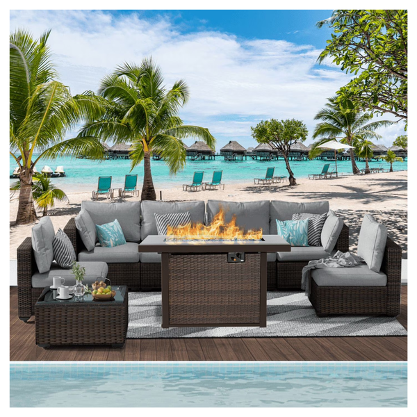 Gaildon 8 Piece Patio Furniture Set With Fire Pit Table