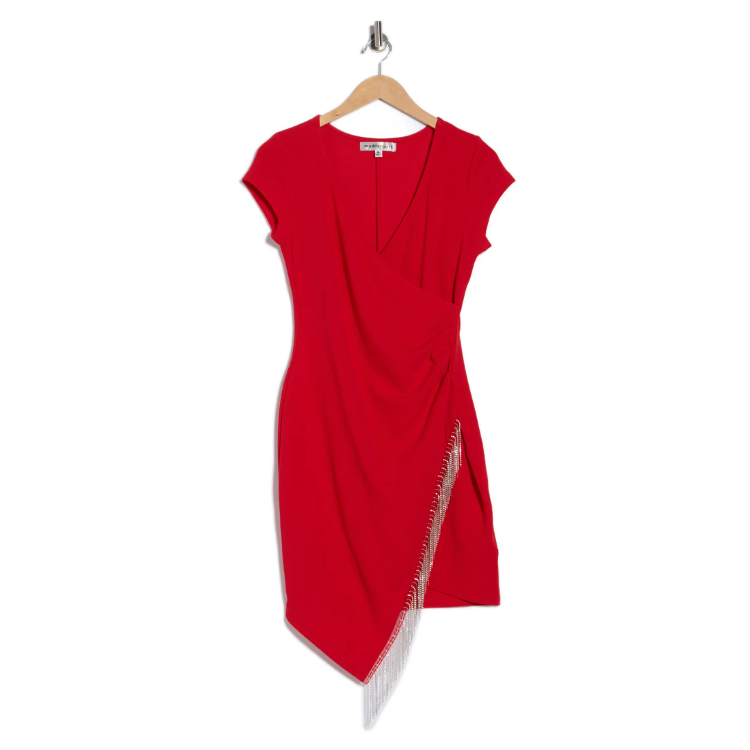 Madden Girl Women's Cap Sleeve Rhinestone Trim Faux Wrap Dress