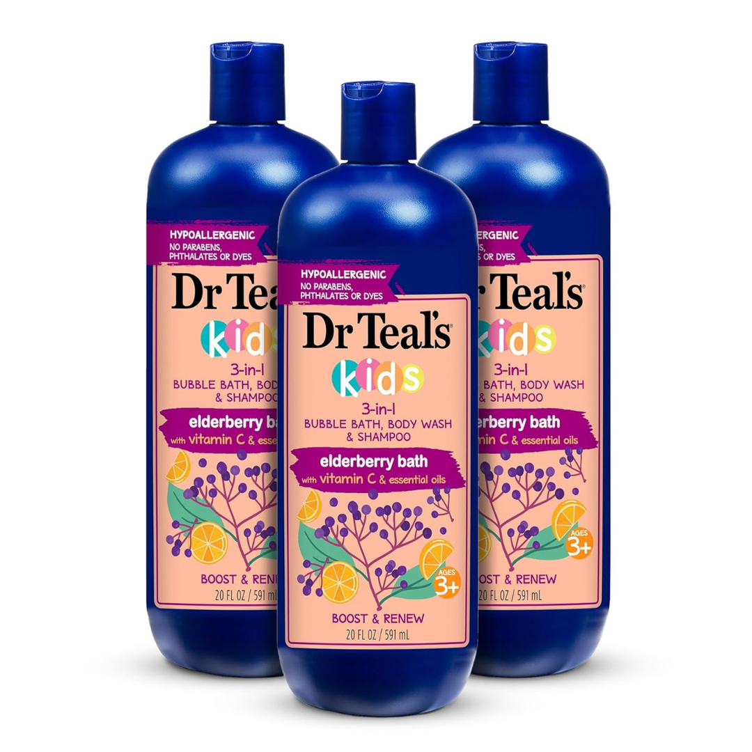3-Pack Dr Teal's Elderberry Kids 3-in-1 Bubble Bath Body Wash & Shampoo