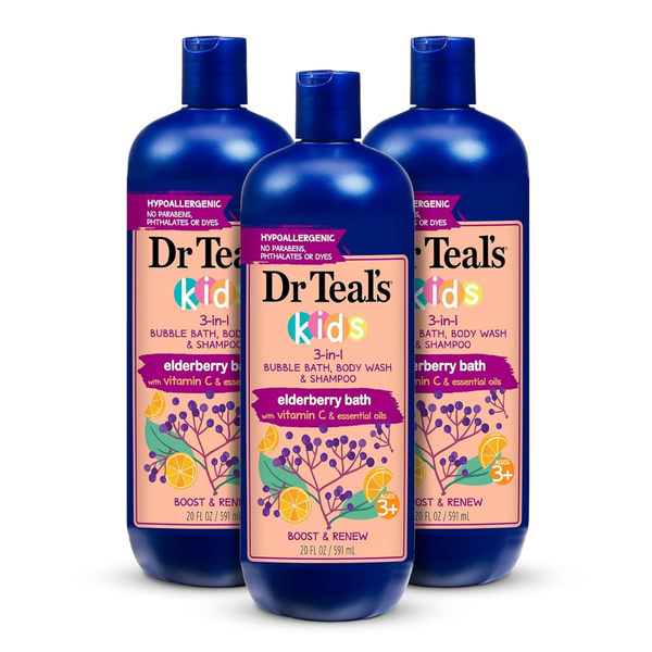 3-Pack Dr Teal's Elderberry Kids 3-in-1 Bubble Bath Body Wash & Shampoo
