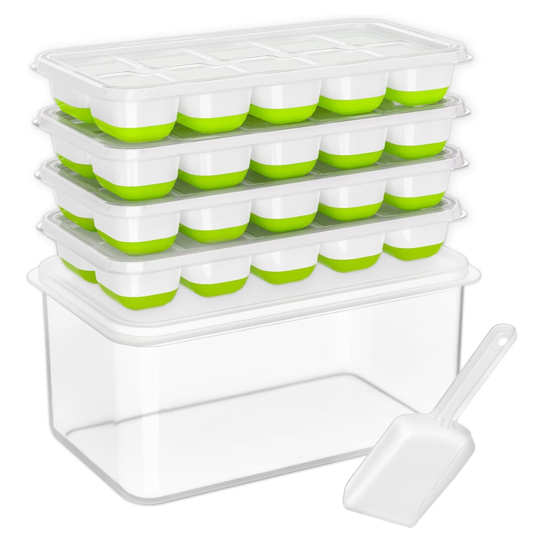 4-Pack Doqaus Silicone Ice Cube Tray With Lid, Scoop & Bin