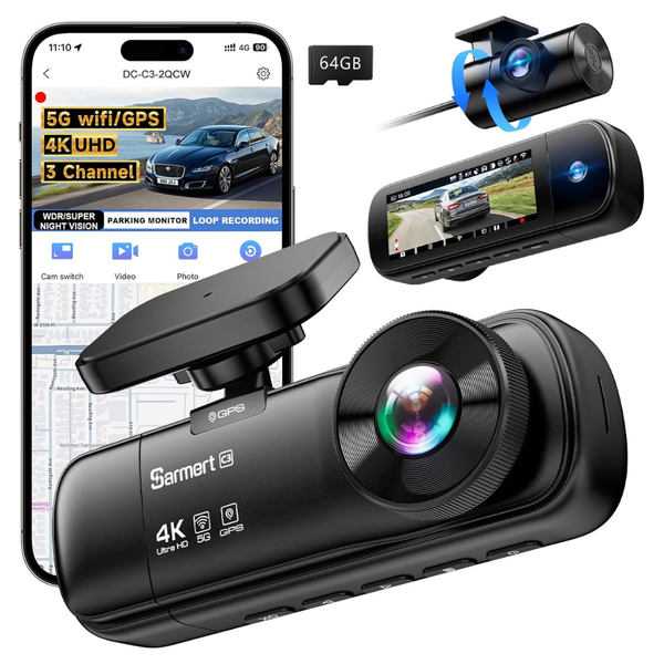 Sarmert C3 4K 3-Channel Front, Inside And Rear Dashcam With 64GB Card