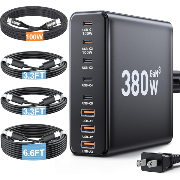 380W 8-Port USB C Charger Block with 4 USB-C cables