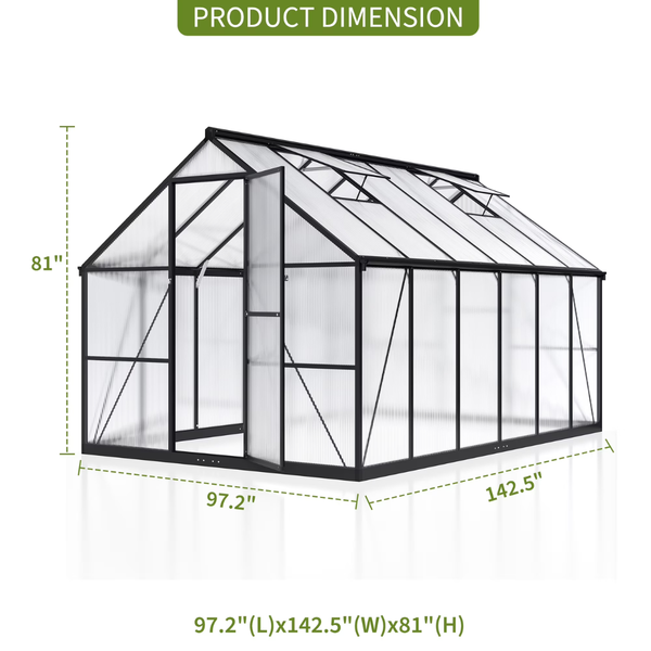 Walk-in 12' x 8' Polycarbonate Greenhouse with Aluminum Frame