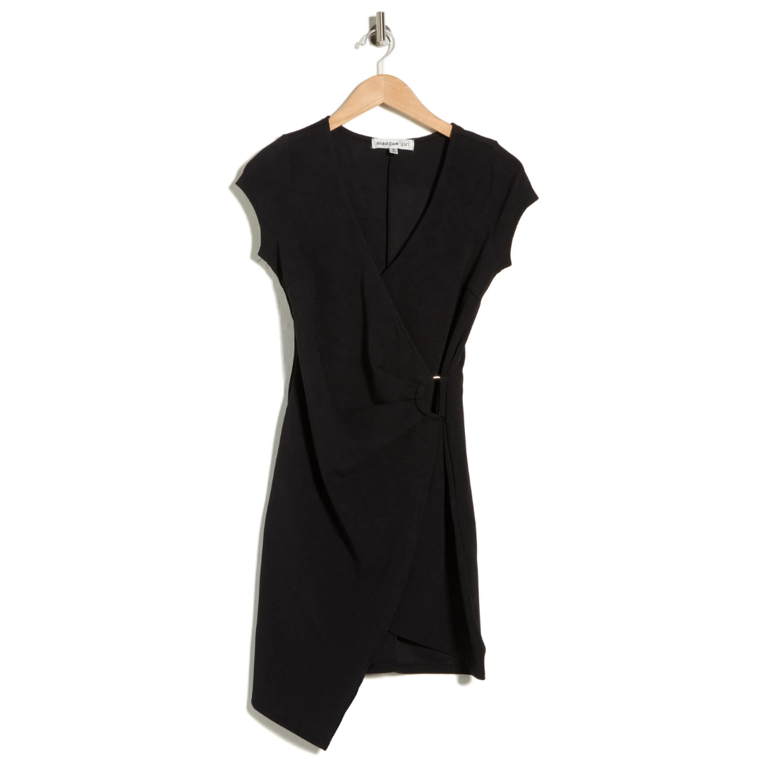 Madden Girl Women's Cap Sleeve D-Ring Asymmetric Faux Wrap Dress