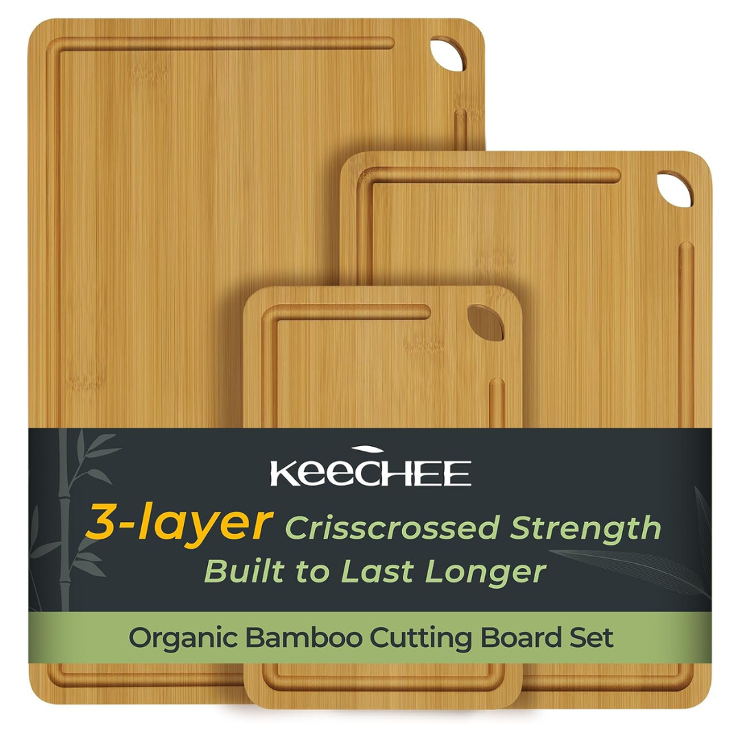 3-Piece Keechee Reversible Bamboo Wood Cutting Board W/ Juice Groove