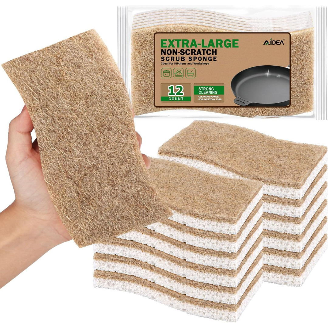 12-Count Aidea XL Non-Scratch Natural Dish Scrub Sponges