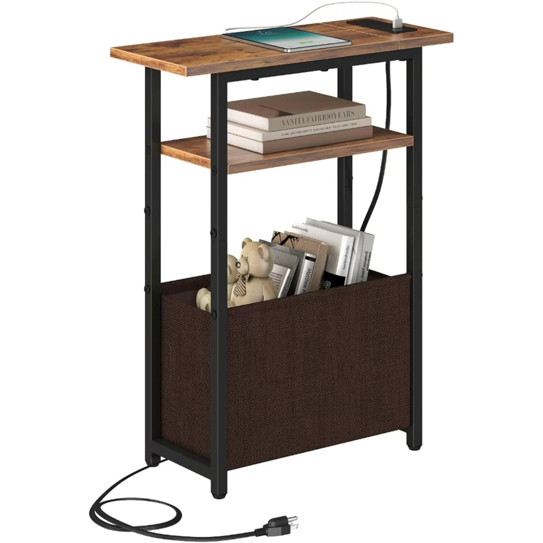 3-Tier Sofa Couch Narrow Side Table With Charging Station (2 Colors)