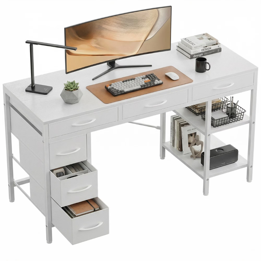 55" Concetta Computer Desk With 6 Drawers & 2 Open Shelves
