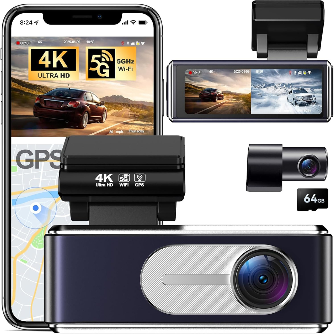 Blu7ive 4K Front & 1080P Rear WiFi & GPS Dash Cam W/ 64GB Card