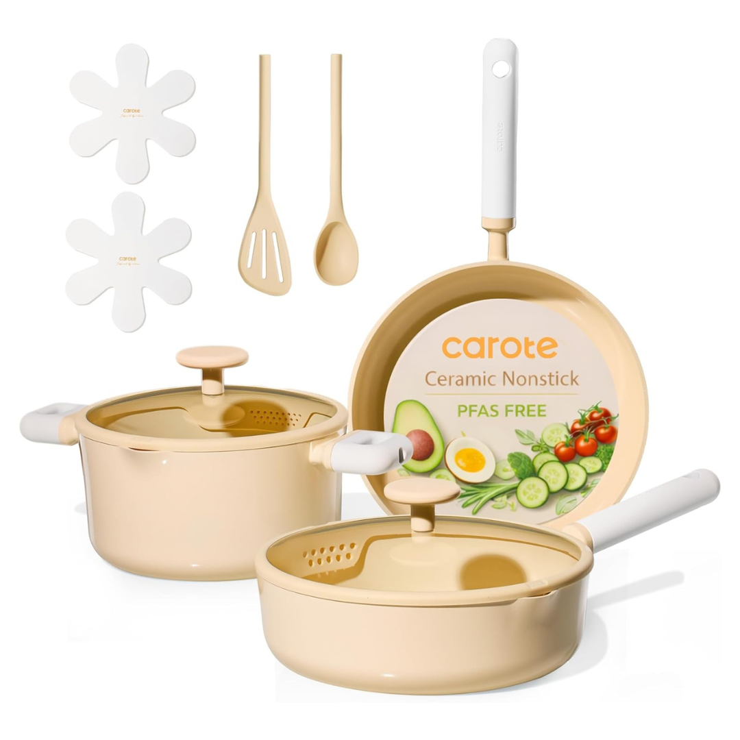 9-Piece CAROTE Ceramic Non-Stick Induction Cookware Set W/ Steamer