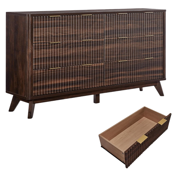 54" Wide Modern Fluted 6-Drawer Dresser W/ Curved Profile