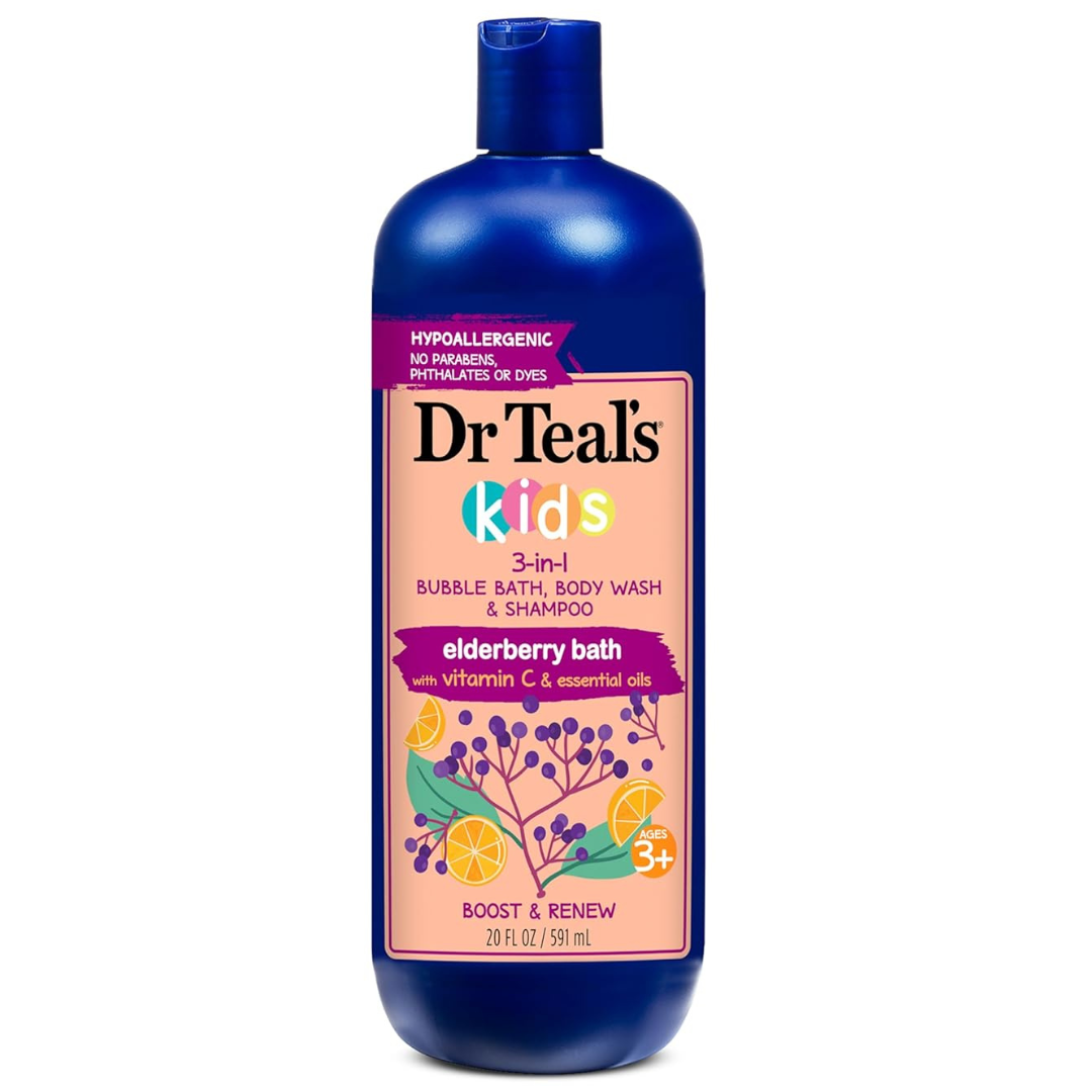 20oz Dr Teal's Kids 3-in-1 Elderberry Bath: Bubble Bath Body Wash & Shampoo