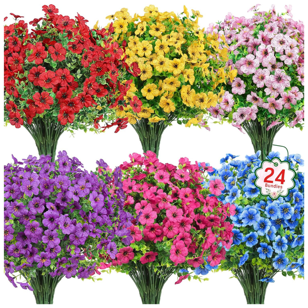24 Bundles UV Resistant Faux Plastic Artificial Flowers