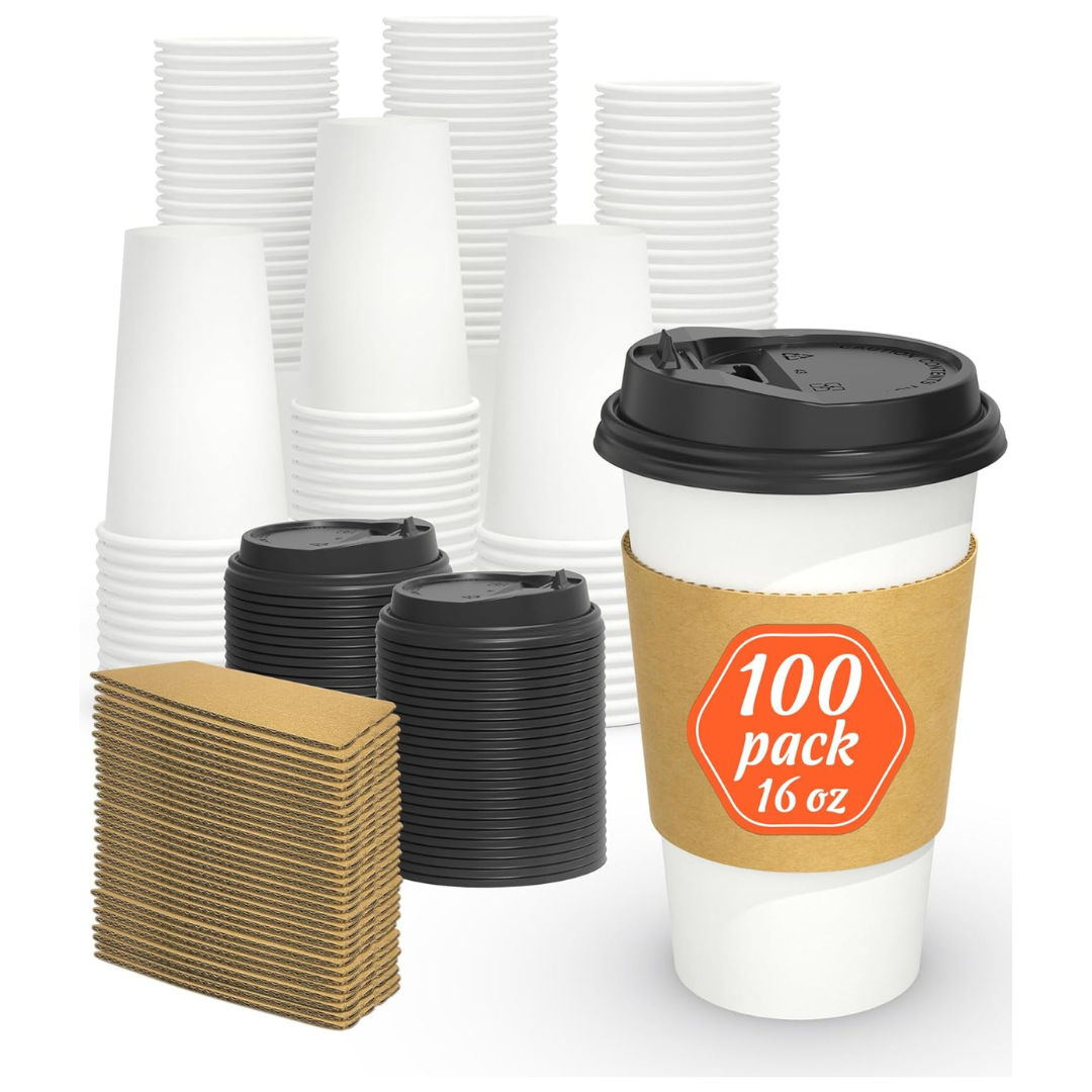 100-Pack 16-Oz Dealusy Disposable Coffee Cups With Lids And Sleeves