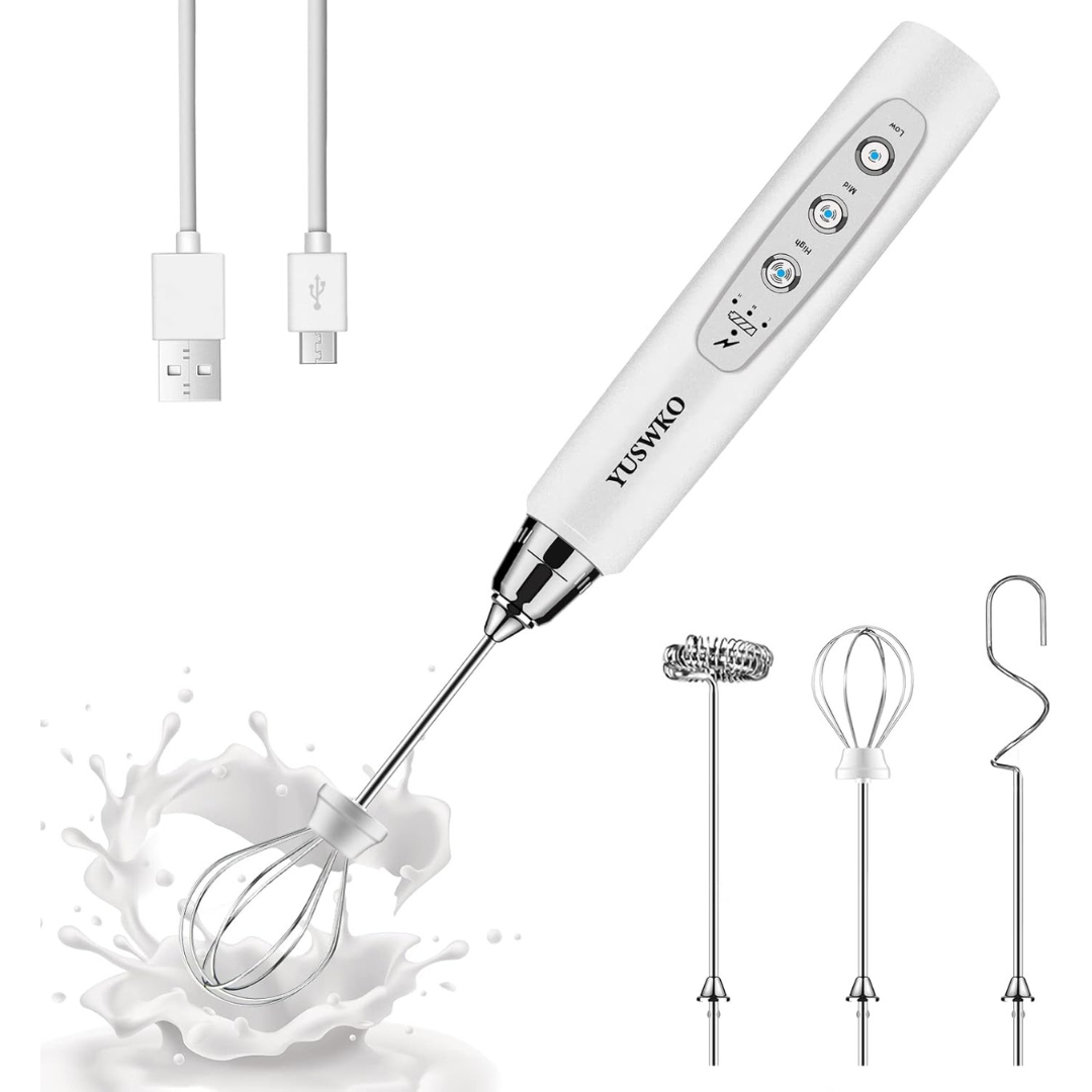 Yuswko Rechargeable Electric 3-Speed Milk Frother Wand W/ 3-Heads