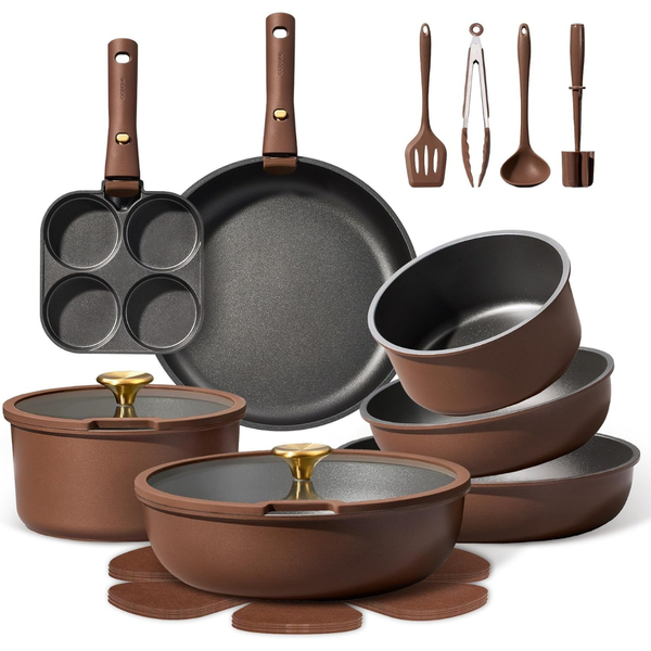 21- Piece Nonstick Pots And Pans Set With Removable Handle (Brown)