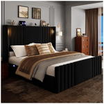 Velvet Platform Queen Bed Frame With 55.1" Tall Headboard & Lights (Black)