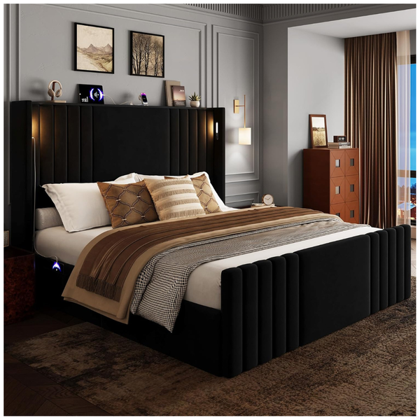 Velvet Platform Queen Bed Frame With 55.1" Tall Headboard & Lights (Black)