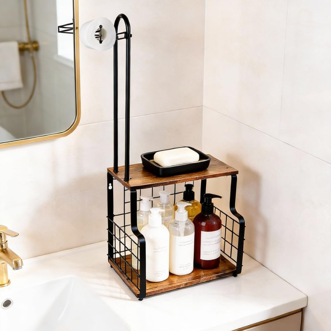 Wall Mount Toilet Paper Holder With Shelf & Basket