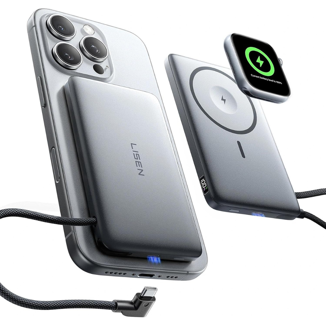 10000mAh Lisen MagSafe Wireless Magnetic Power Bank W/Built-In Cable