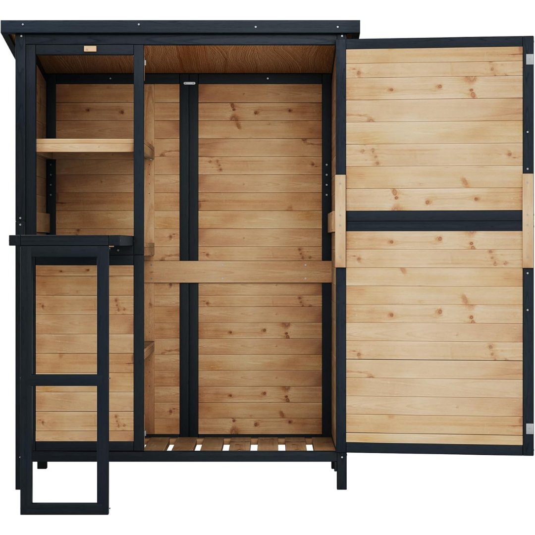 Fir Wood Outdoor Storage Shed With Foldable Workbench