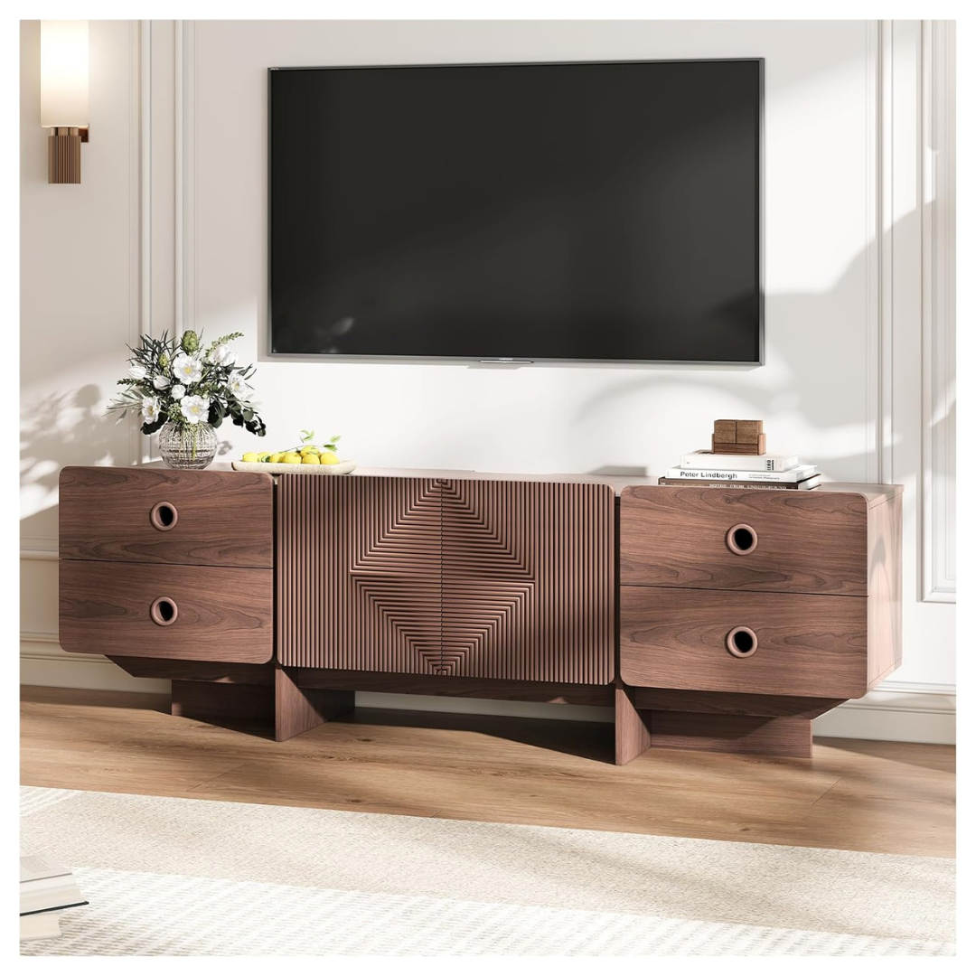 66" Joinice Fluted Mid Century Modern TV Stand (Walnut)
