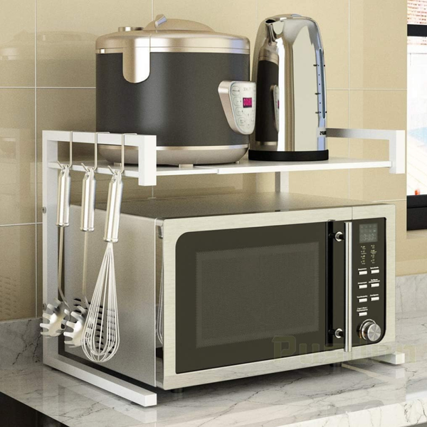 Pusdon 2-Tier Adjustable Carbon Steel Microwave Oven Rack W/ 3 Hooks