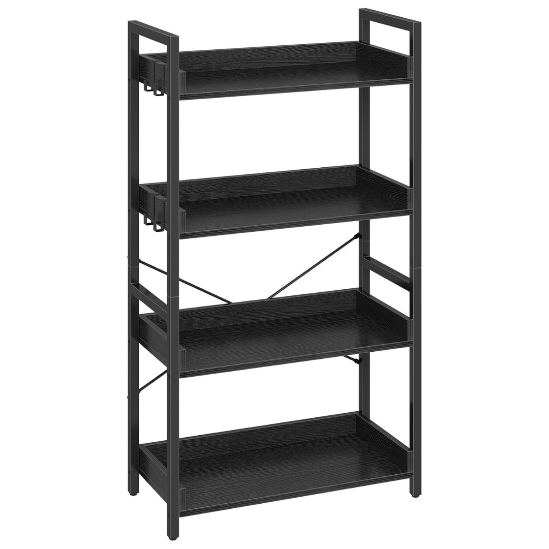 Rolanstar 4-Tier Industrial Bookshelf With Hooks & Open Shelves
