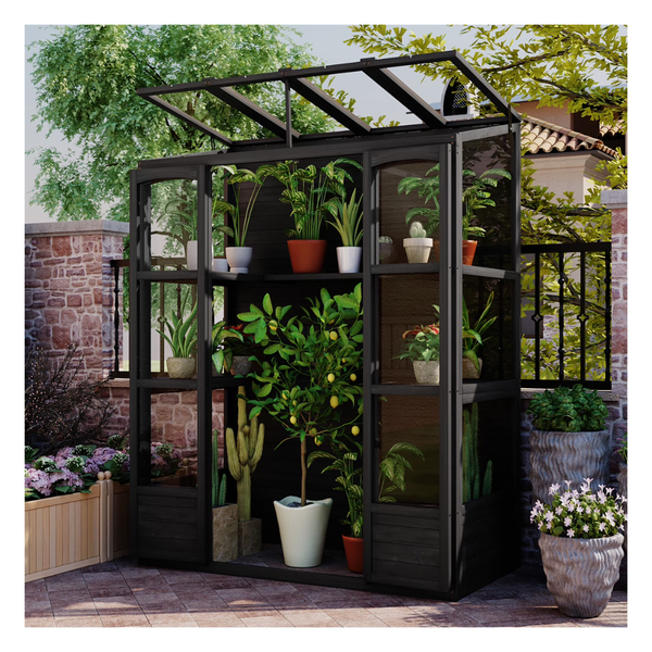 78 Tall Walk-In Wooden Greenhouse With 4 Skylights & Folding Shelves