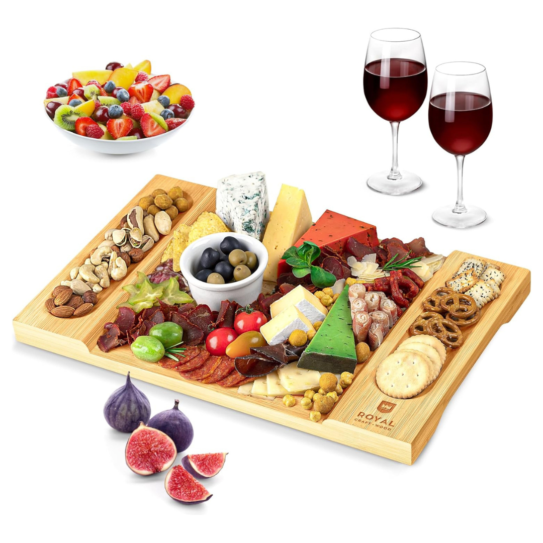 Unique Bamboo Cheese Board, Charcuterie Platter And Serving Tray