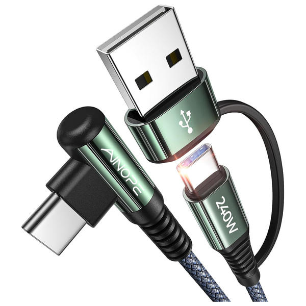 240W 10ft AINOPE Right Angle USB-C Charge Cable W/ USB-A Adapter