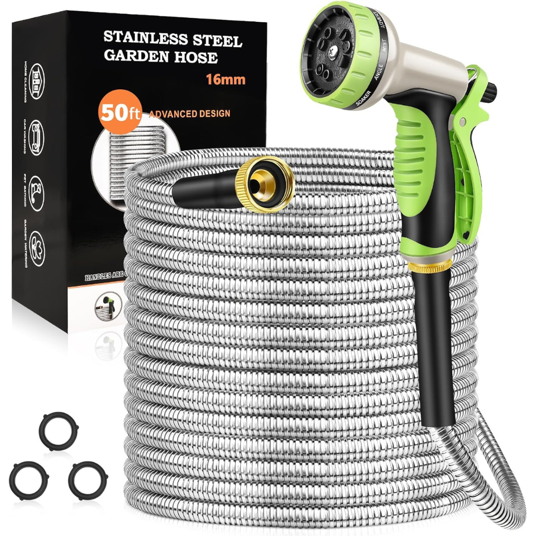 50ft Stainless Steel Heavy Duty Garden Water Hose W/ 10 Function Nozzle (Various)