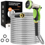 50ft Stainless Steel Heavy Duty Garden Water Hose W/ 10 Function Nozzle (Various)