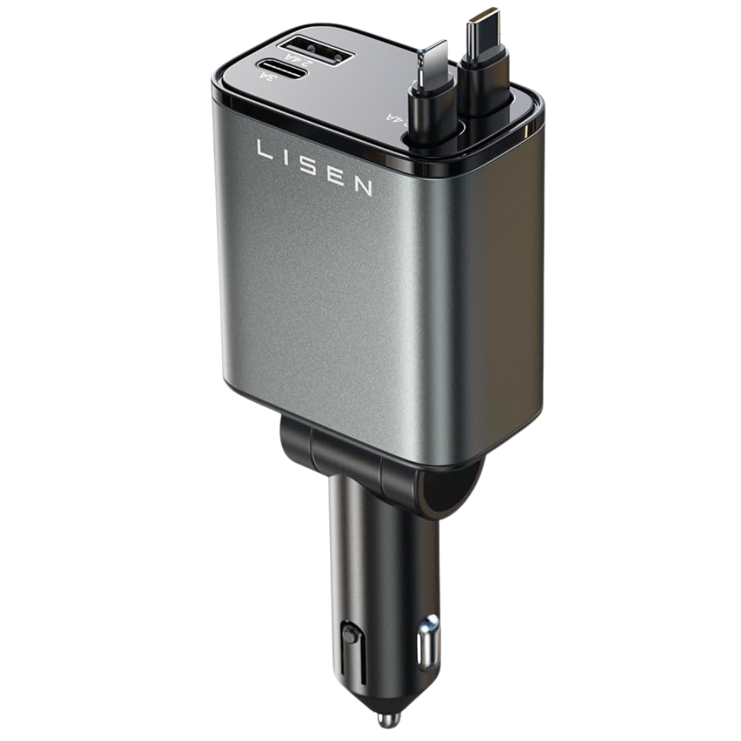 69W Lisen 4-in-1 Retractable USB-C/Lightning/USB-A Car Charger
