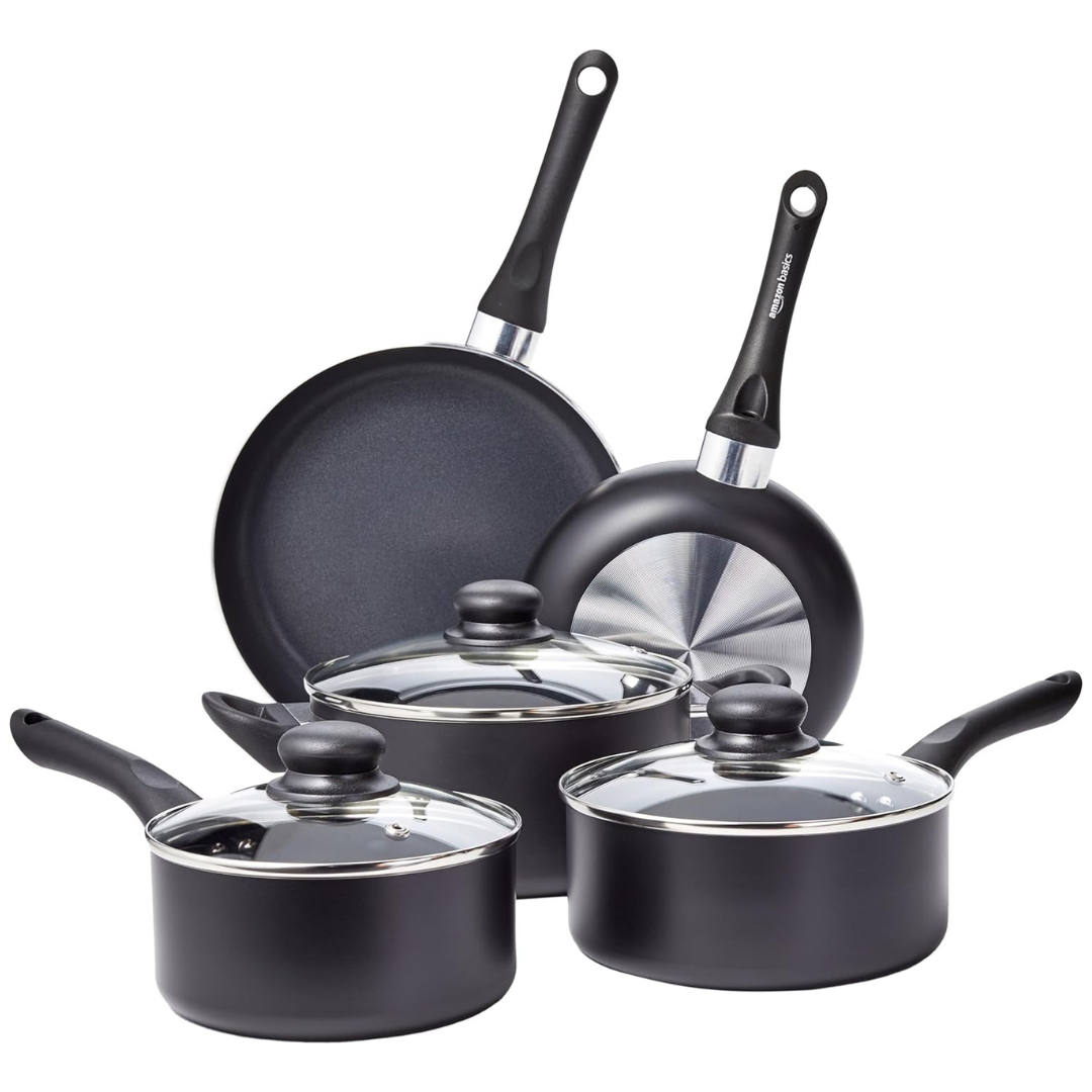 8-Piece Amazon Basics Ceramic Non-Stick Cookware Set (Black)