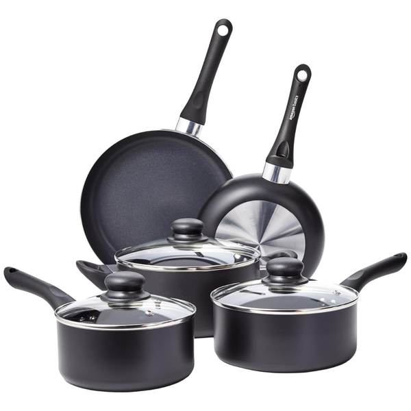 8-Piece Amazon Basics Ceramic Non-Stick Cookware Set (Black)