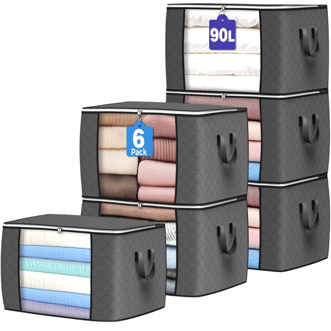 6-Pack 90L Foldable Clothes Organizers Storage Bags W/ Reinforced Handle