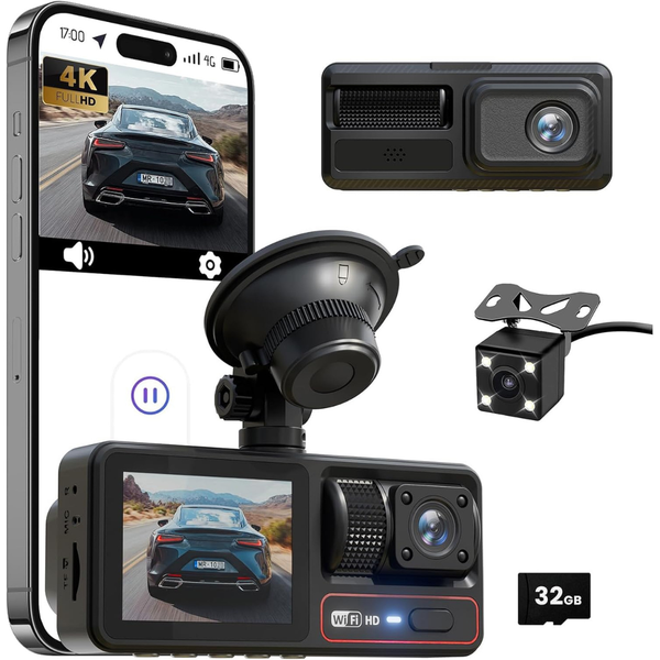 Tursica 4K+1080P 3 Channel Front and Rear Dash Camera