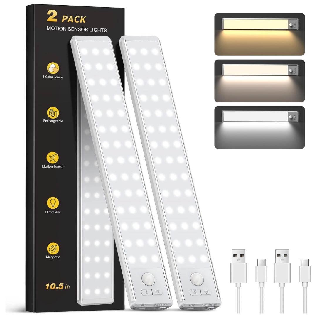 2-Pack 10.5" OTWKAY Rechargeable Under Cabinet Motion Sensor Lights