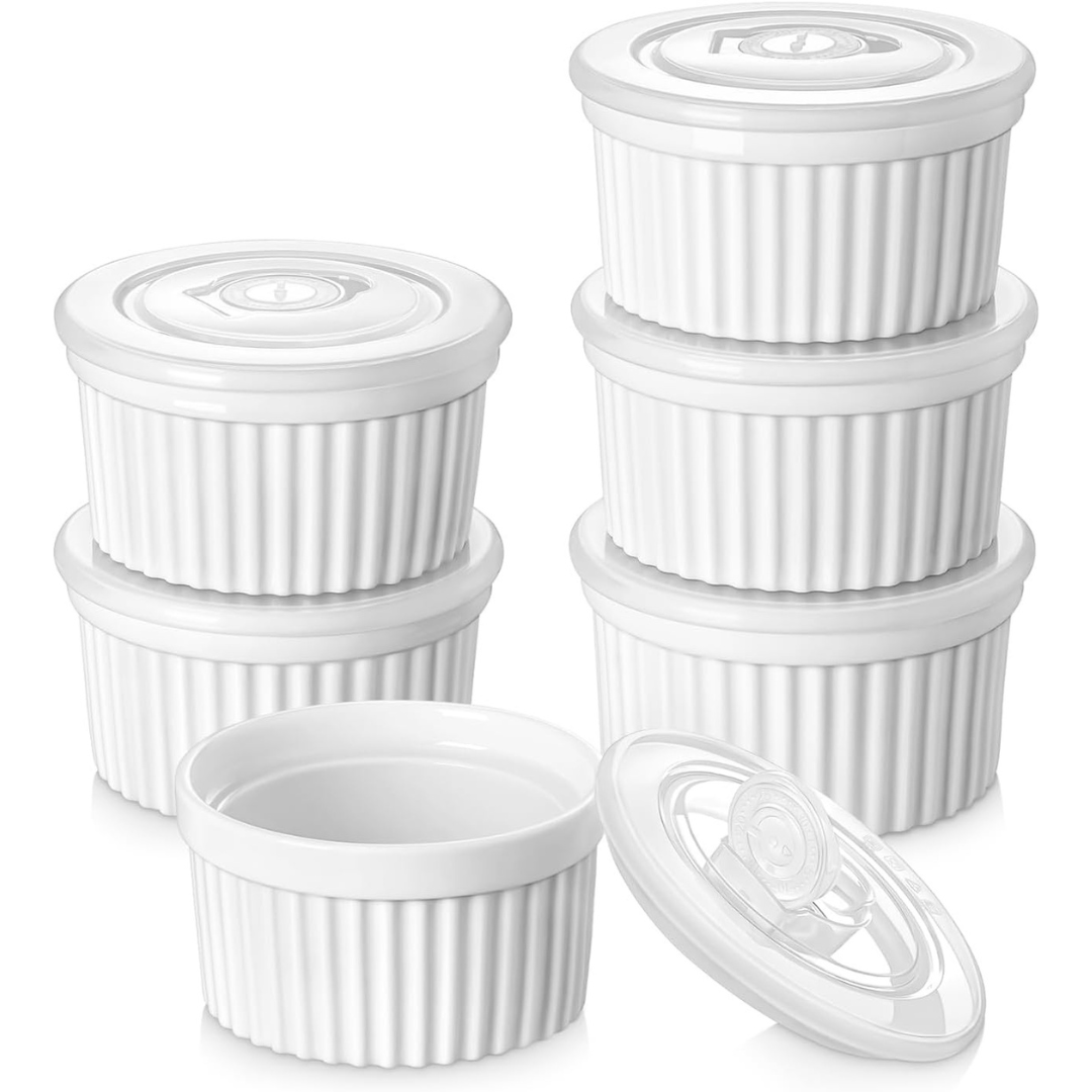 6-Pack 8oz Vancasso Porcelain Ramekins W/ Lids (White)