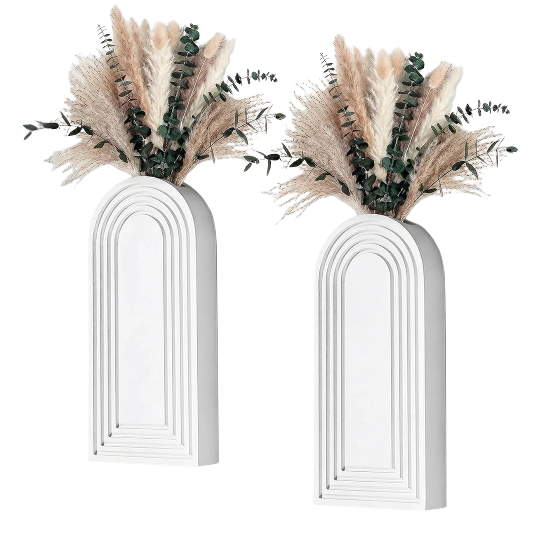 2-Set Wooden Wall Vases With Dried Pampas Grass & Eucalyptus