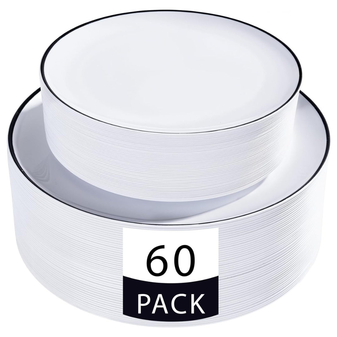 60-Piece Disposable White & Gold Plastic Plates
