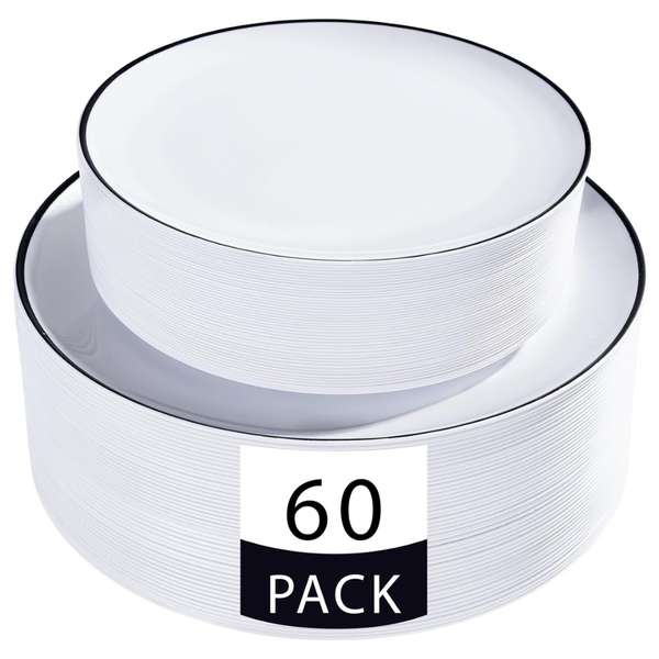 60-Piece Disposable White & Gold Plastic Plates