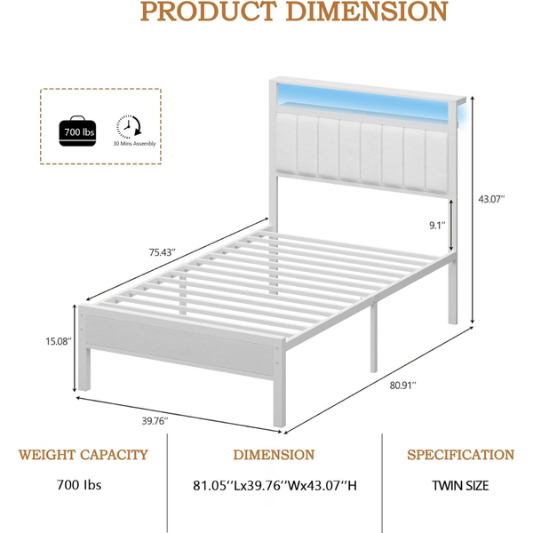 Furnulem Twin Size Bed Frame w/ Charging Station & Lights