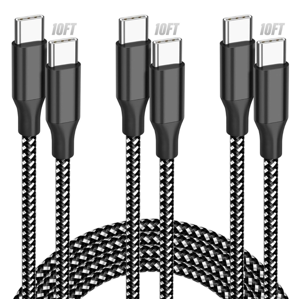 3-Pack 10ft USB-C to USB-C 60W Fast Charging Cables