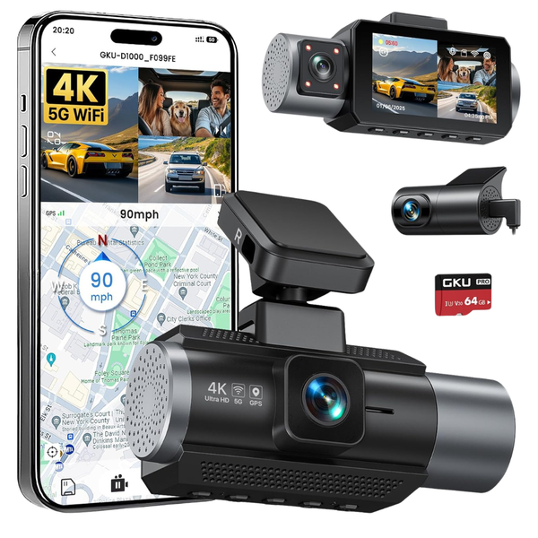 GKU 4K 3-Channel Dash Cam With GPS And WiFi